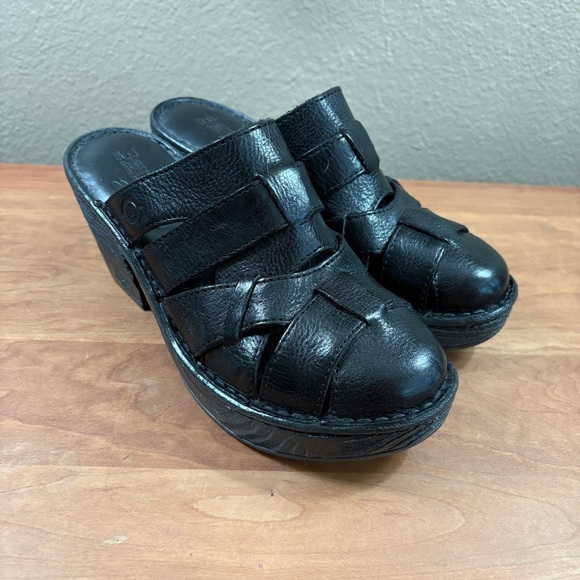 Born Shoes - Born Pollina Black Leather Slip On Criss Cross Design Chunky Clogs Womens Size 8